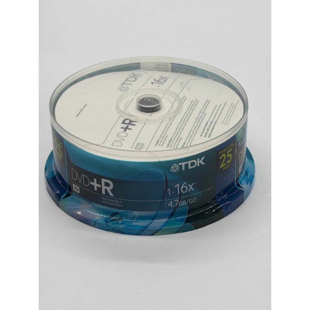 TDK DVD+R 4.7GB 16x Recordable Media 25 Pack Spindle DVD+R471CB25‎ New